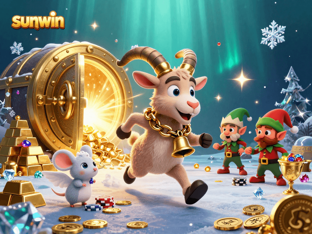 Experience thrilling gameplay at Sunwin with festive 3D characters in an exciting casino scene.