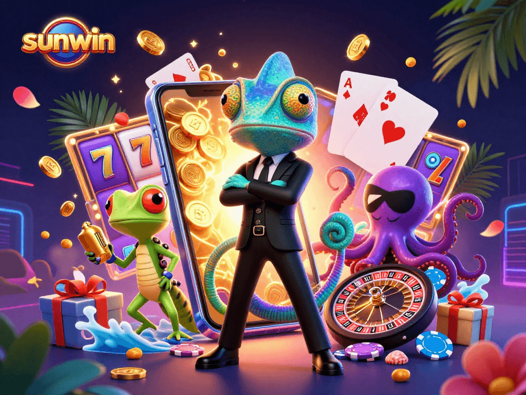 Experience thrilling winnings with sunwin in this vibrant 3D casino gameplay illustration.