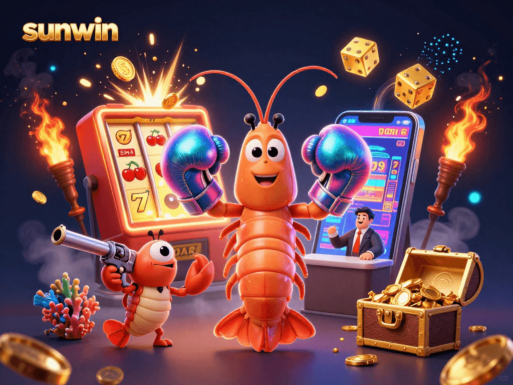 Experience the excitement of sunwin with cartoon characters amidst a burst of casino-themed elements.