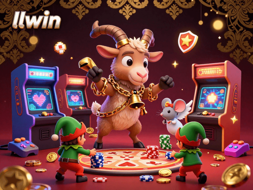 llwin showcases a festive casino scene with Krampus managing games amidst playful gremlins.