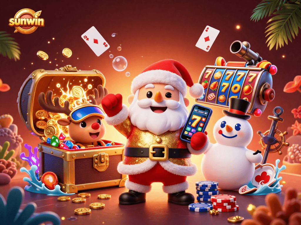 Experience thrilling jackpots with sunwin alongside a festive Santa, reindeer, and snowman.
