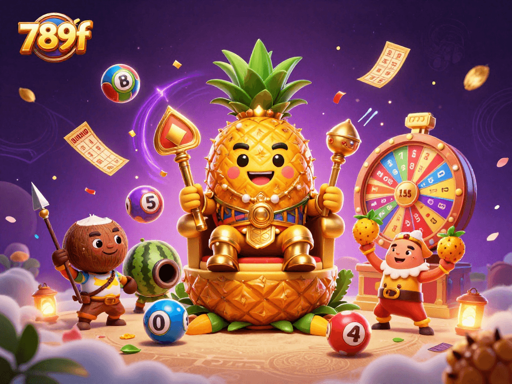 Experience thrilling 789f casino excitement with golden pineapple king, coconut guards, and colorful lottery elements.