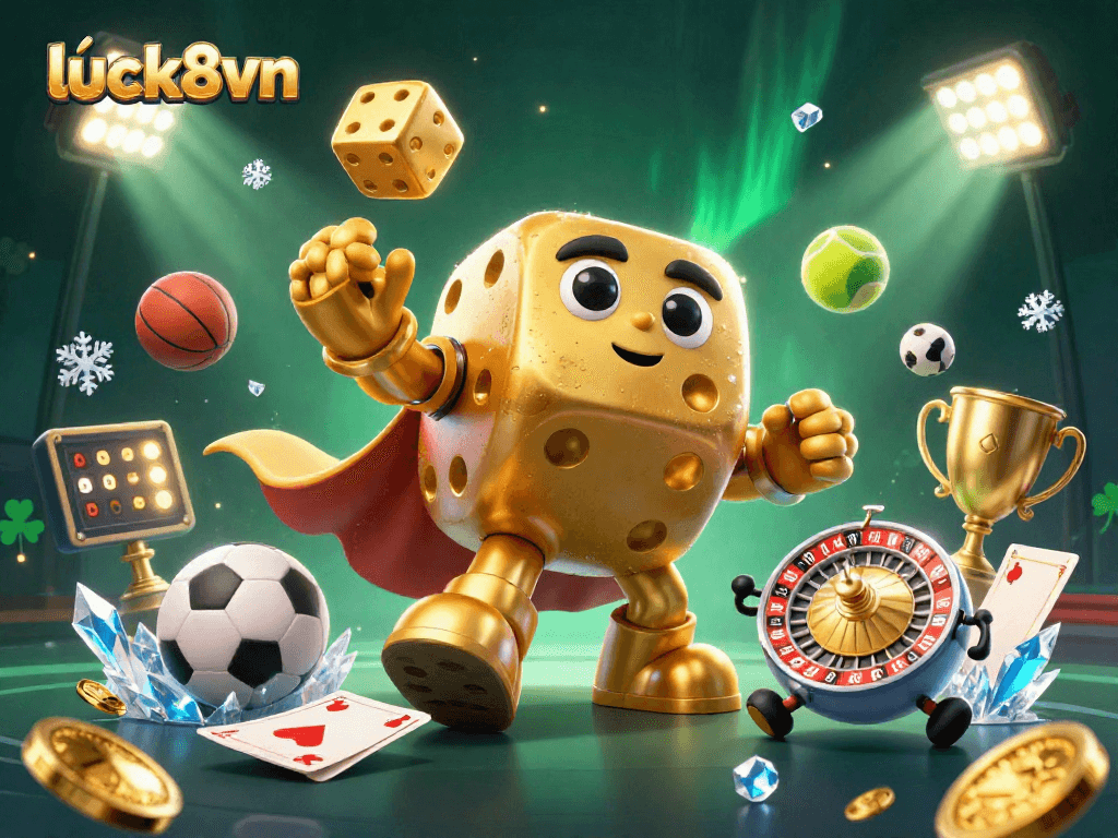 Experience thrilling luck with luck8vn, as golden dice and sports elements explode in a vibrant casino scene.