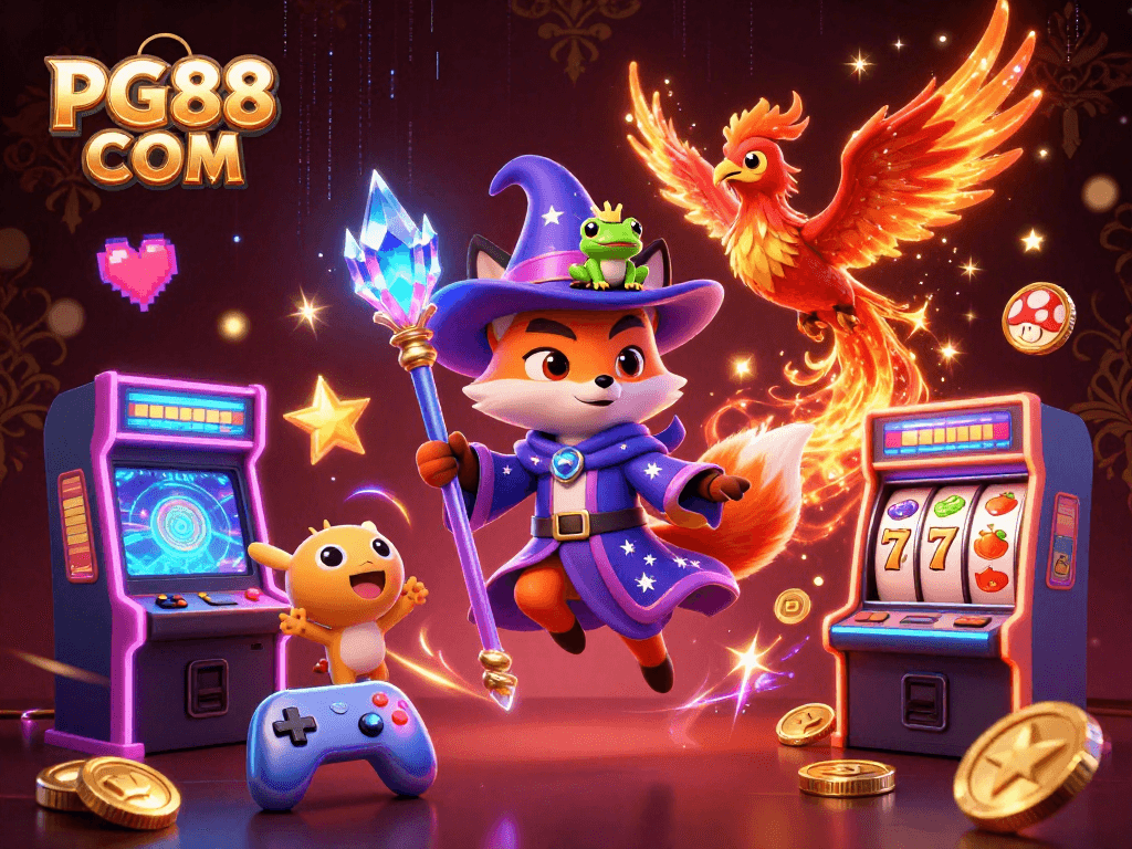 Engage with PG88 COM in a vibrant casino scene showcasing magic and arcade elements