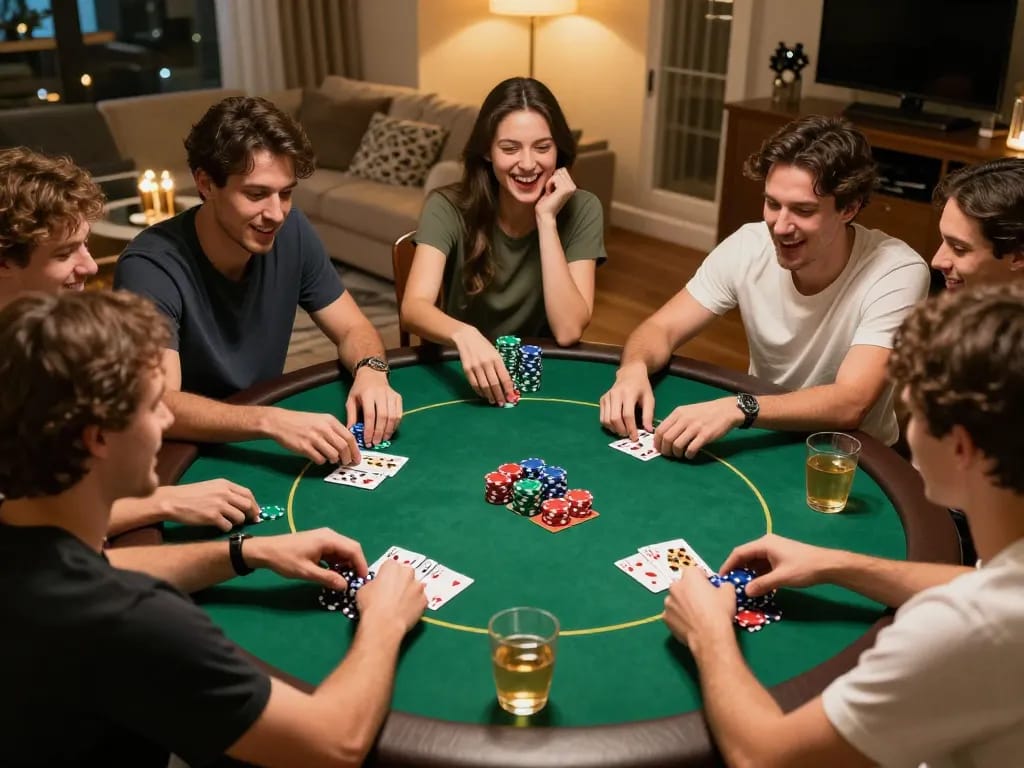 Poker night excitement with friends at home featuring strategic gameplay and camaraderie in a lively environment, highlighting xo88.fam.