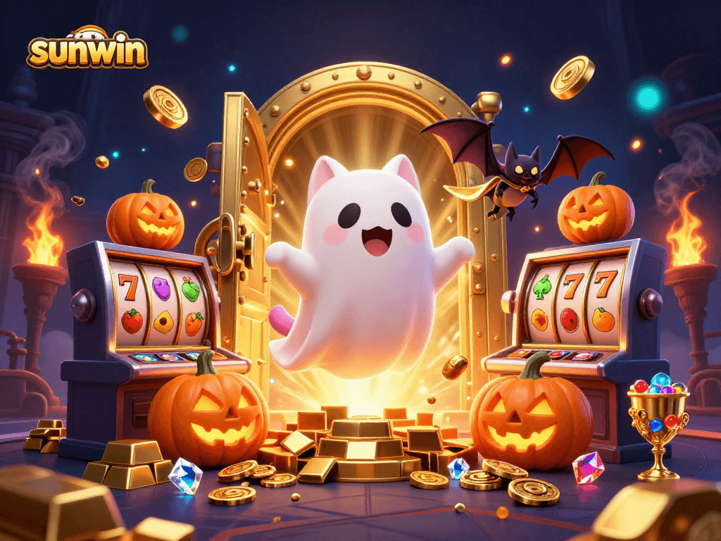 sunwin showcases a ghost cat and vampire bat in a haunted casino, surrounded by slot machines and treasures.