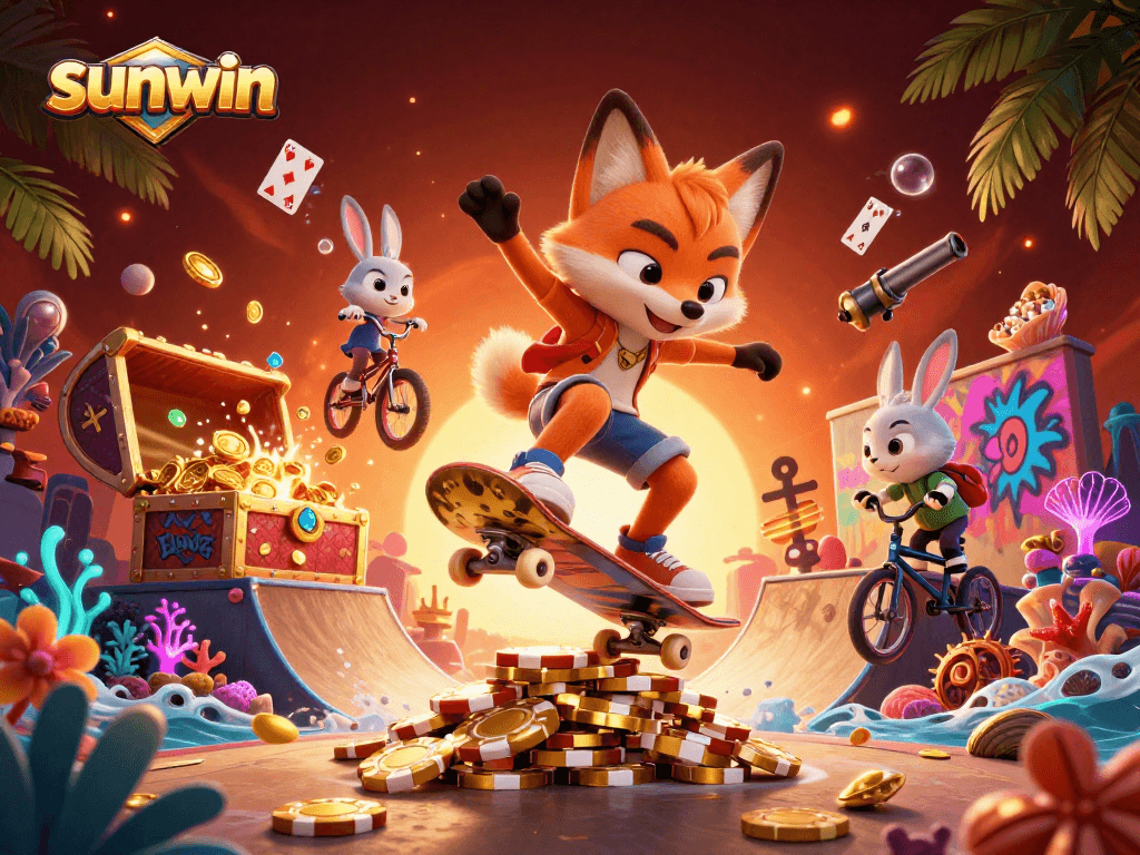 Experience vibrant gameplay with sunwin through a dynamic 3D casino scene featuring a skateboarder fox.