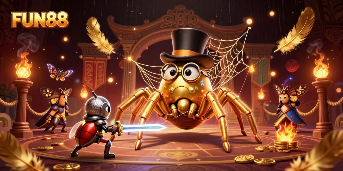 Experience the thrill of FUN88 with a golden tarantula, a knight, and spectacular casino elements in vibrant 3D art.