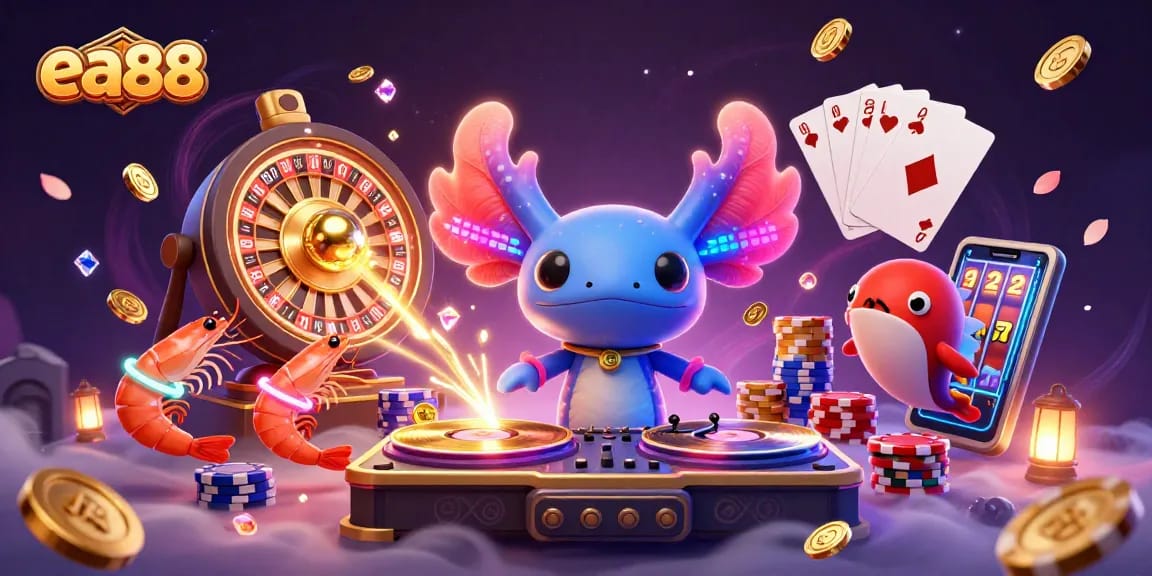 ea88's vibrant casino scene features an axolotl DJ, shrimp dancers, and dynamic gaming elements