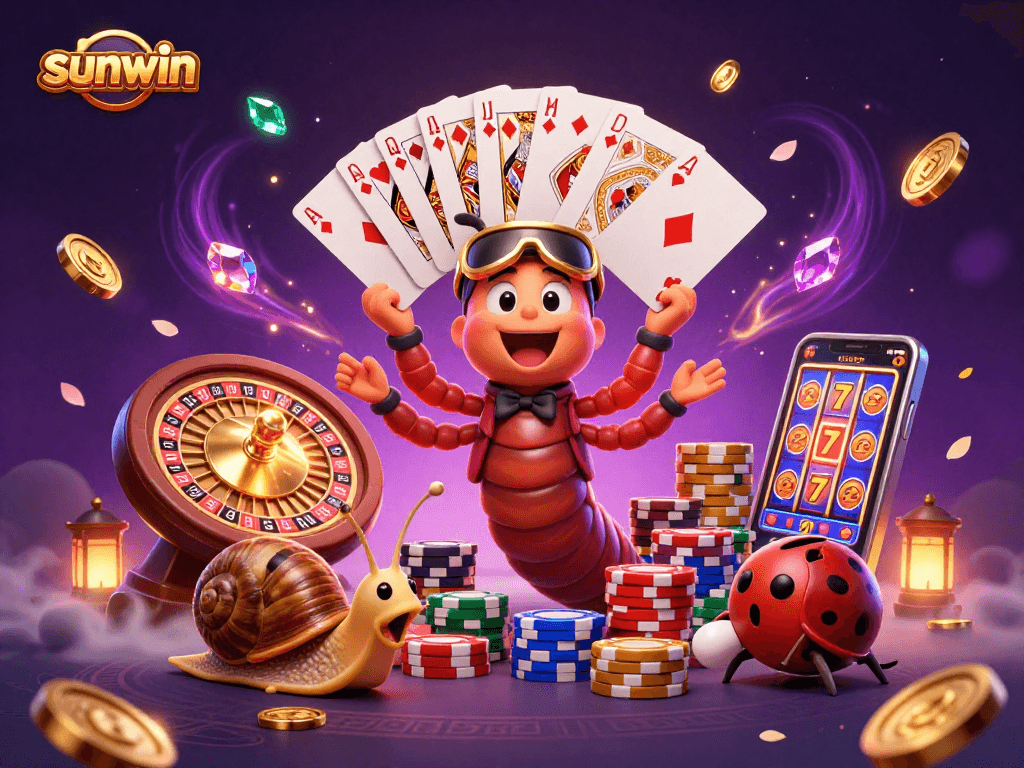 Experience thrilling sunwin casino action with a cartoon millipede dealer and high-roller snail in a vibrant scene.