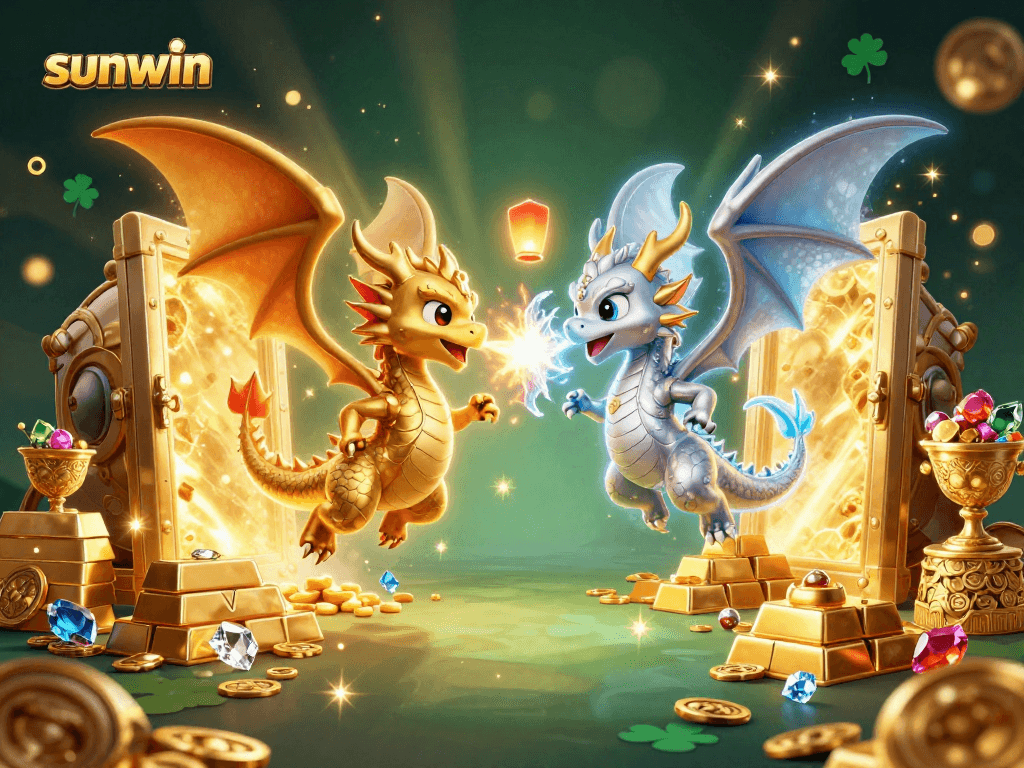 Engage in thrilling action with sunwin as dragon duo intertwines in a vibrant casino dreamscape.
