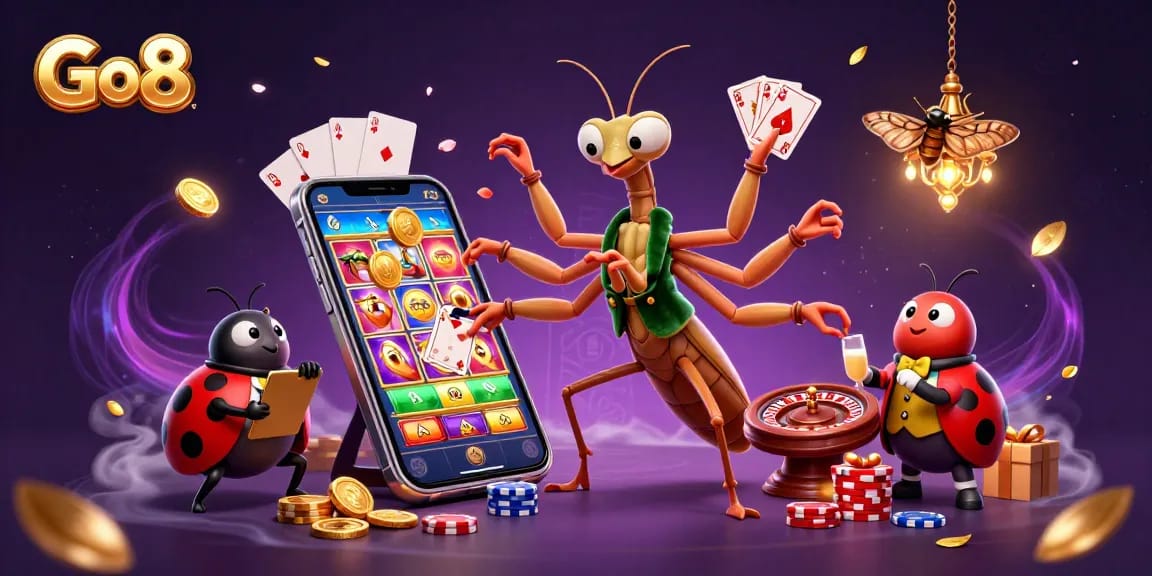 Engage with the thrilling world of Go8 casino, featuring a mantis dealer and ladybug pit boss.