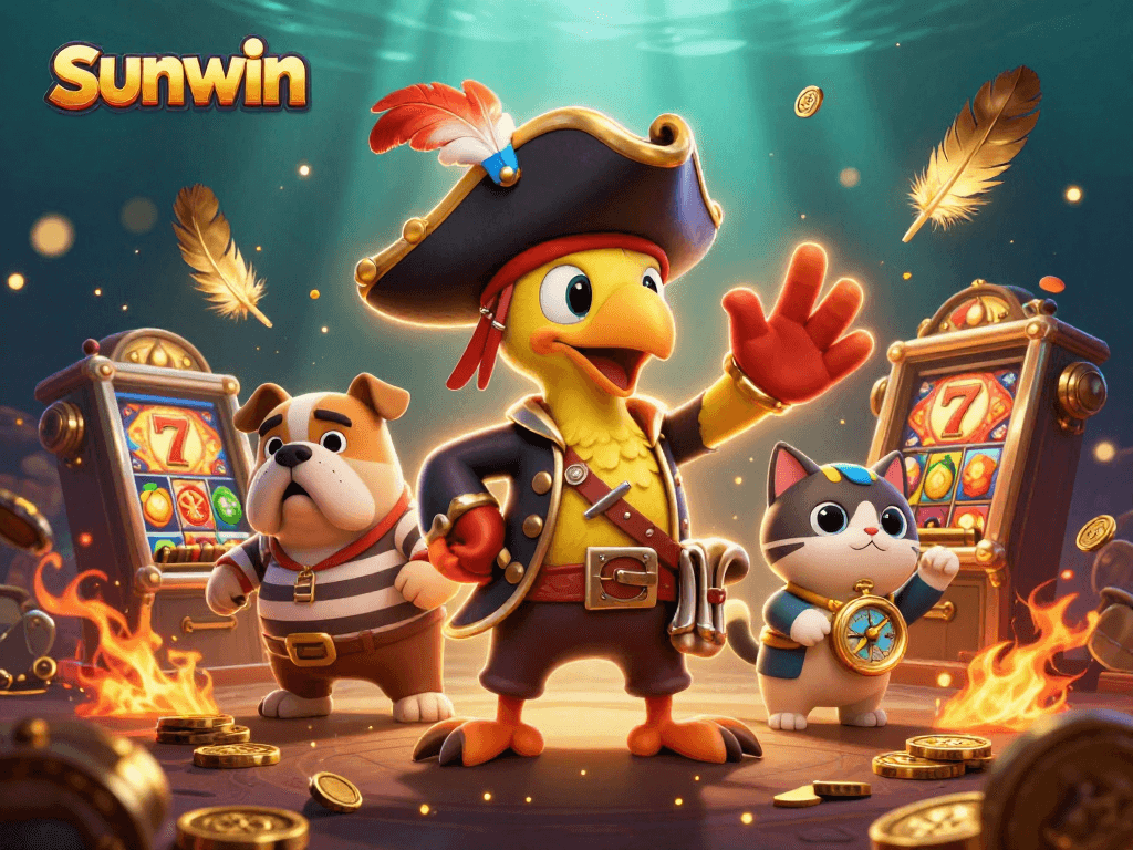 Exciting sunwin slots action with animated pirate characters exploring a vibrant casino