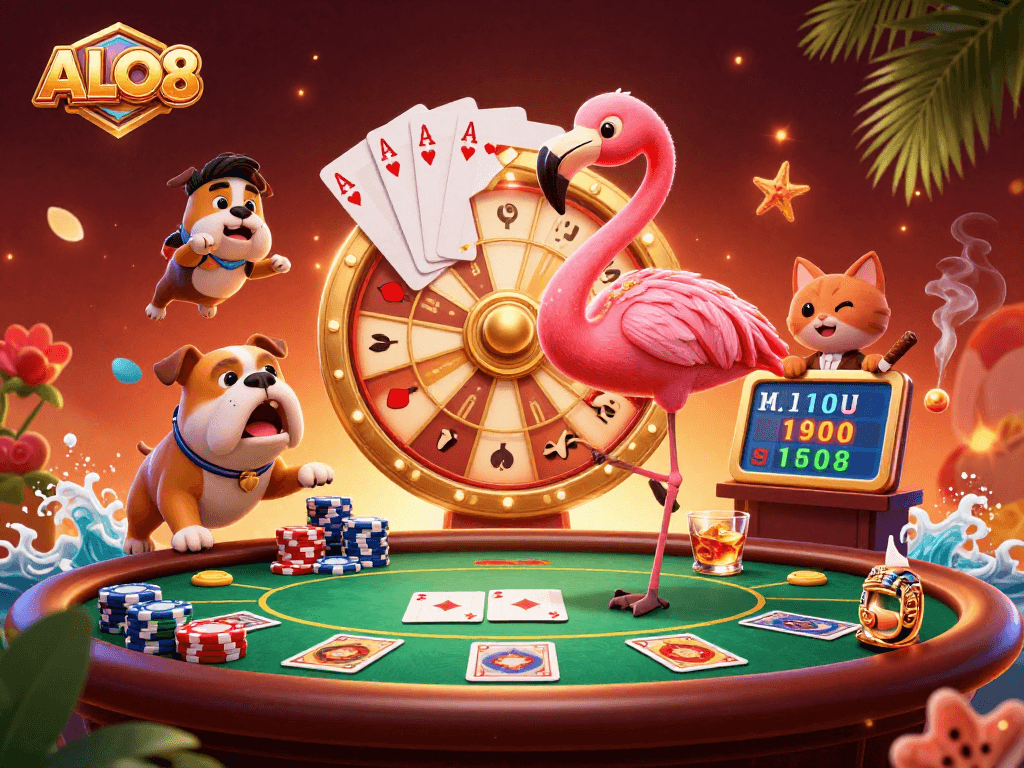 Experience thrilling gaming at ALO8 with vibrant characters and dynamic casino elements in a rich scene.