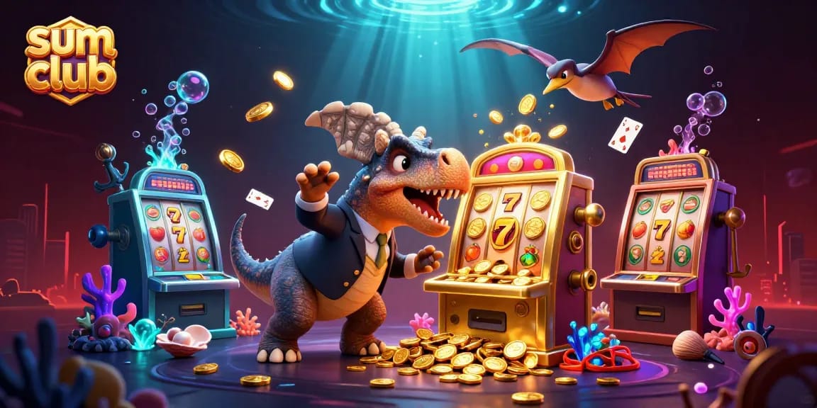 Experience thrilling gameplay at sumclub as a cartoon pachycephalosaurus wins a jackpot at the slot machine with flying coins.
