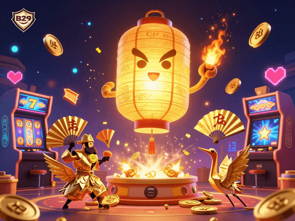 B29 showcases a vibrant casino scene with a glowing lantern spirit and golden elements celebrating the excitement of slots.
