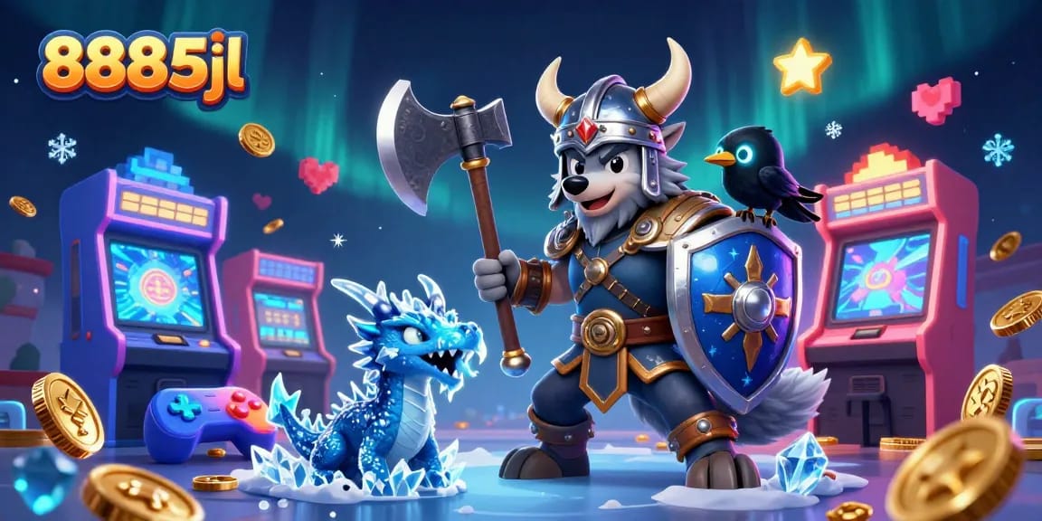 Engage with thrilling gameplay at 8885jl featuring a Viking warrior and fierce dragon in a vibrant casino scene.