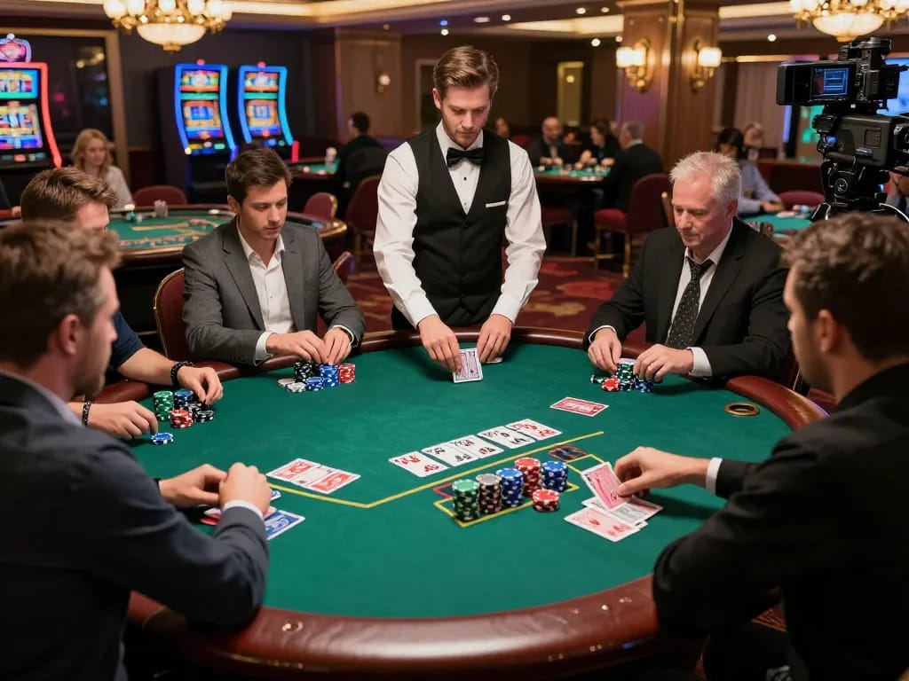 FLY88 players engaged in high-stakes blackjack with colorful chips and intense focus