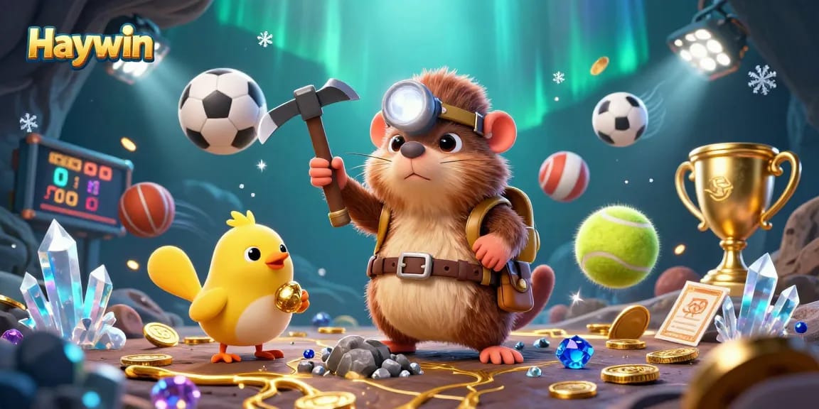 Haywin provides a vibrant casino experience with animated treasure hunting characters amidst sports betting excitement.