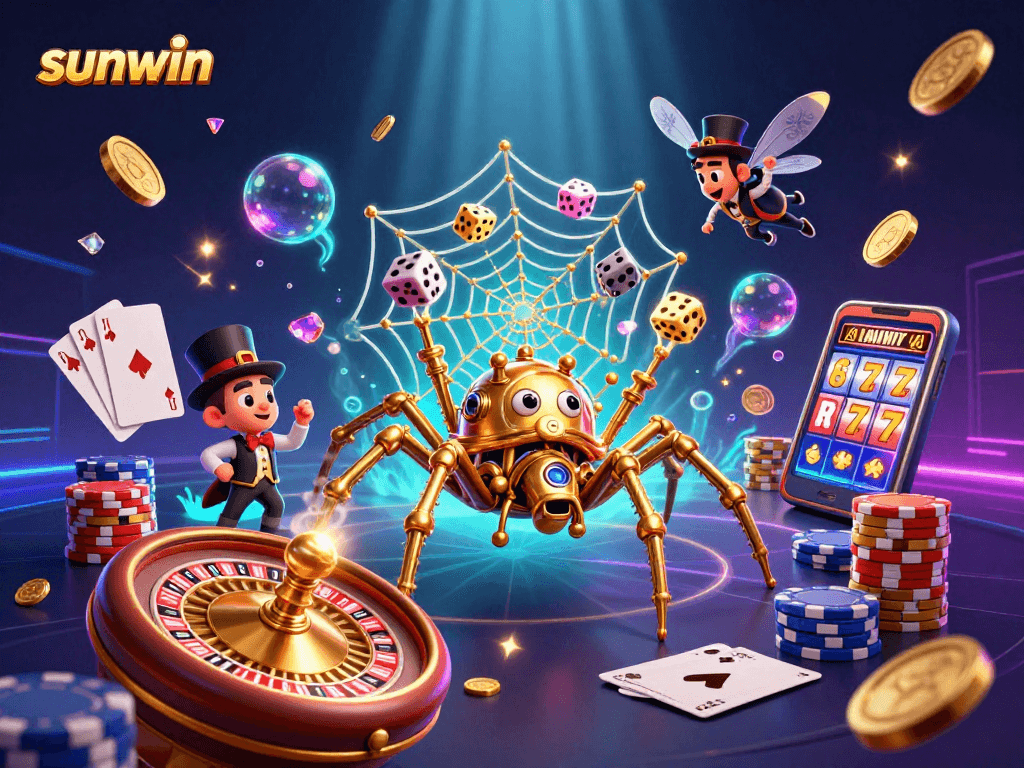 Experience sunwin's thrilling casino adventure with a golden spider and Victorian fly in an action-packed scene.