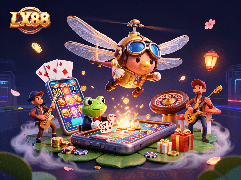 Watch LX88's vibrant casino experience with a dragonfly pilot, frog dealer, and jazz musicians.