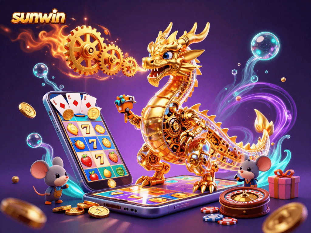 Experience sunwin with a vibrant 3D illustration showcasing a casino scene filled with games and excitement.