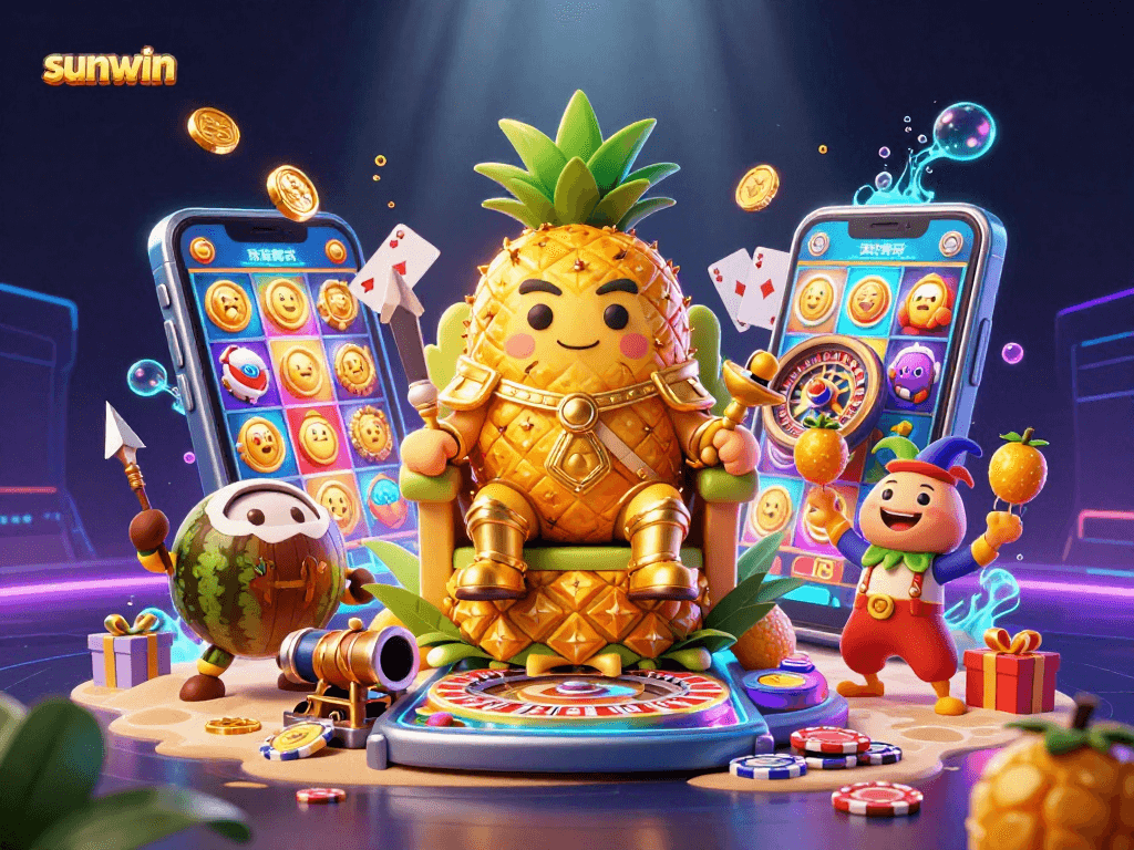 Engage with the vibrant sunwin gaming experience featuring a golden pineapple king at the casino.
