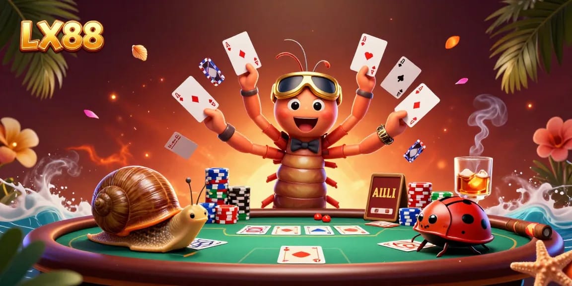 LX88 players reveling in a vibrant casino scene with a dynamic millipede dealer and colorful poker chips.