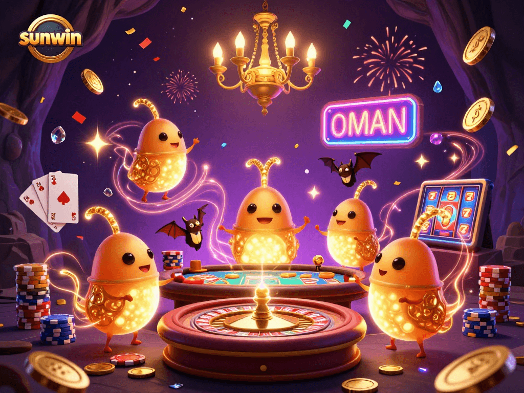 Win big with sunwin at a vibrant, animated cave casino, showcasing glowworms and gaming excitement.