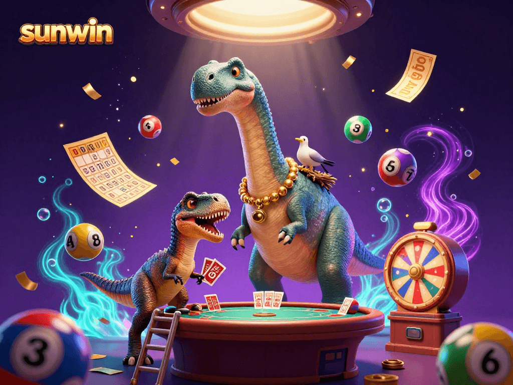 Join the excitement at Sunwin with a vibrant casino scene featuring a brontosaurus and clever raptor.