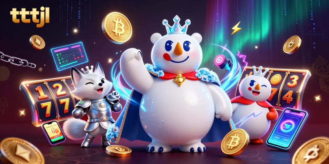 Engage with tttjl casino adventures featuring a polar bear and snow fox amid vibrant crypto symbols.