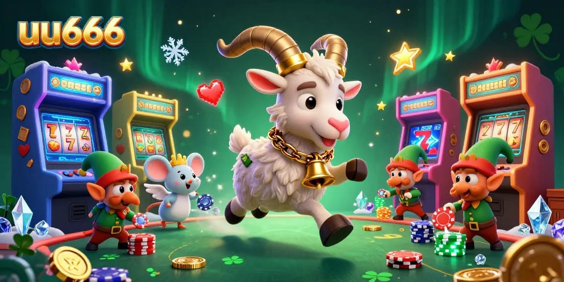 A dynamic 3D illustration of uu666 that showcases a festive gambling scene with cartoon characters amidst gaming elements.