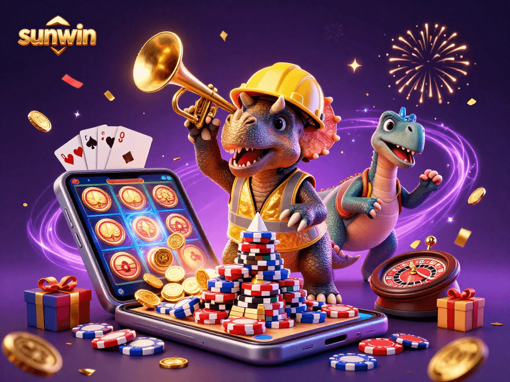 Celebrate winning moments at sunwin with a vibrant casino-themed illustration featuring joyful characters.