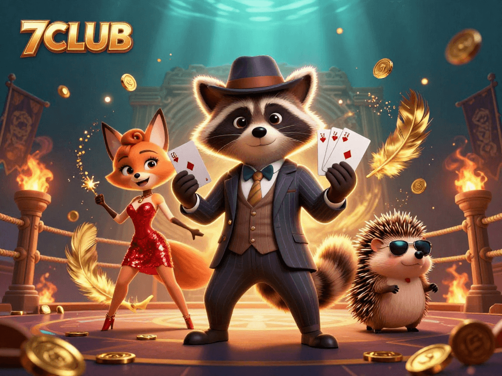 Explore the excitement of 7CLUB with a suave raccoon showing a royal flush in a dynamic casino scene.