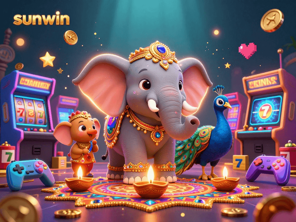 Win big with sunwin in a vibrant casino scene featuring a decorated elephant, game machines, and glowing coins.
