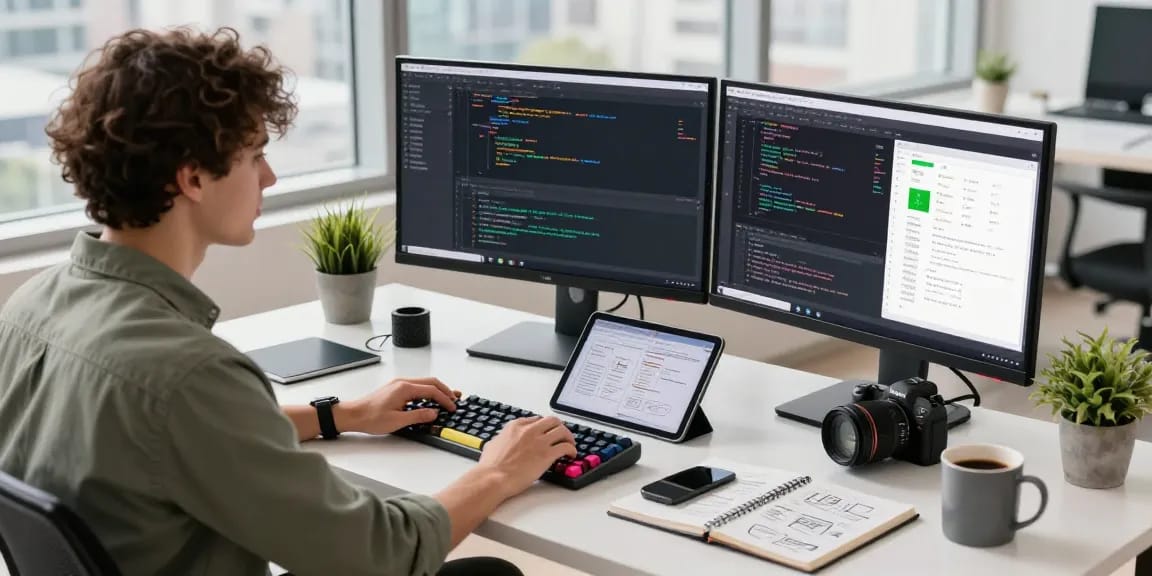 WPS Download in a modern tech workspace showcasing coding and software development tools.