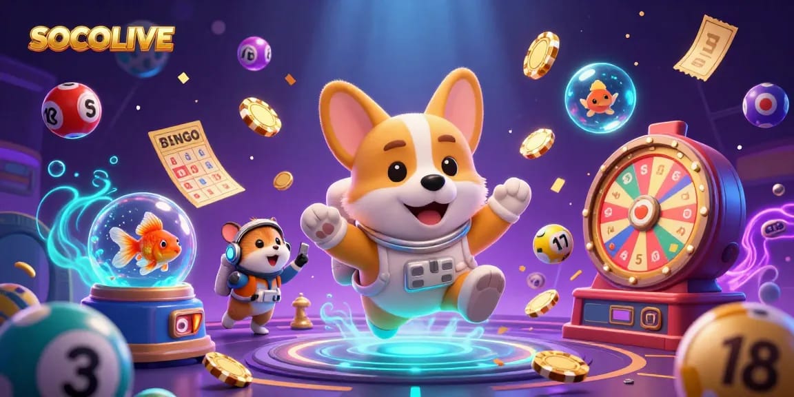 Experience SOCOLIVE's vibrant gaming scene with floating casino elements and engaging characters in action.