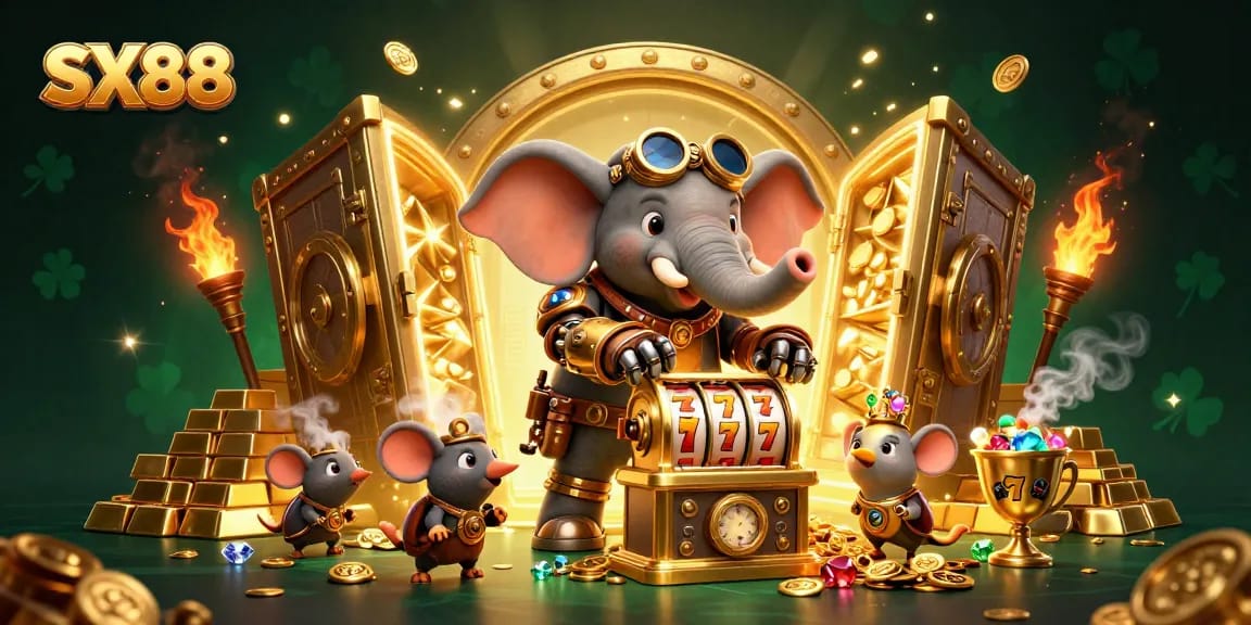 SX88 steampunk elephant engaging with golden slot machine amid jewels and treasure for exciting casino experience