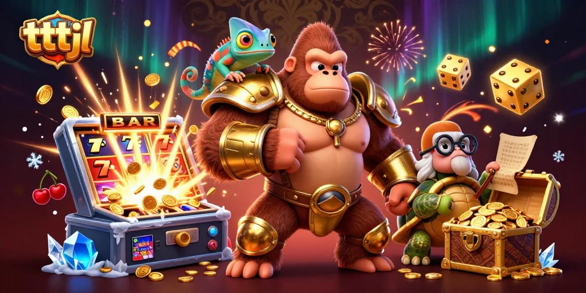 Experience excitement with tttjl: a gorilla king, chameleon spy, and tortoise elder in a dynamic casino scene.