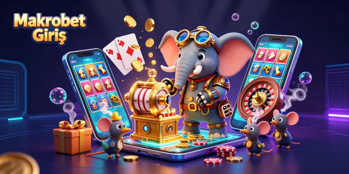 Spin to win at Makrobet Giriş with a vibrant steampunk themed casino illustration featuring slot machines and playful characters.