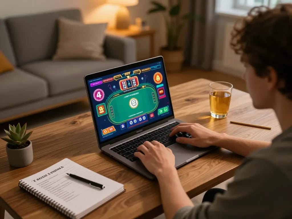 Player enjoying online gaming at 13win.com, strategizing with notes beside the laptop