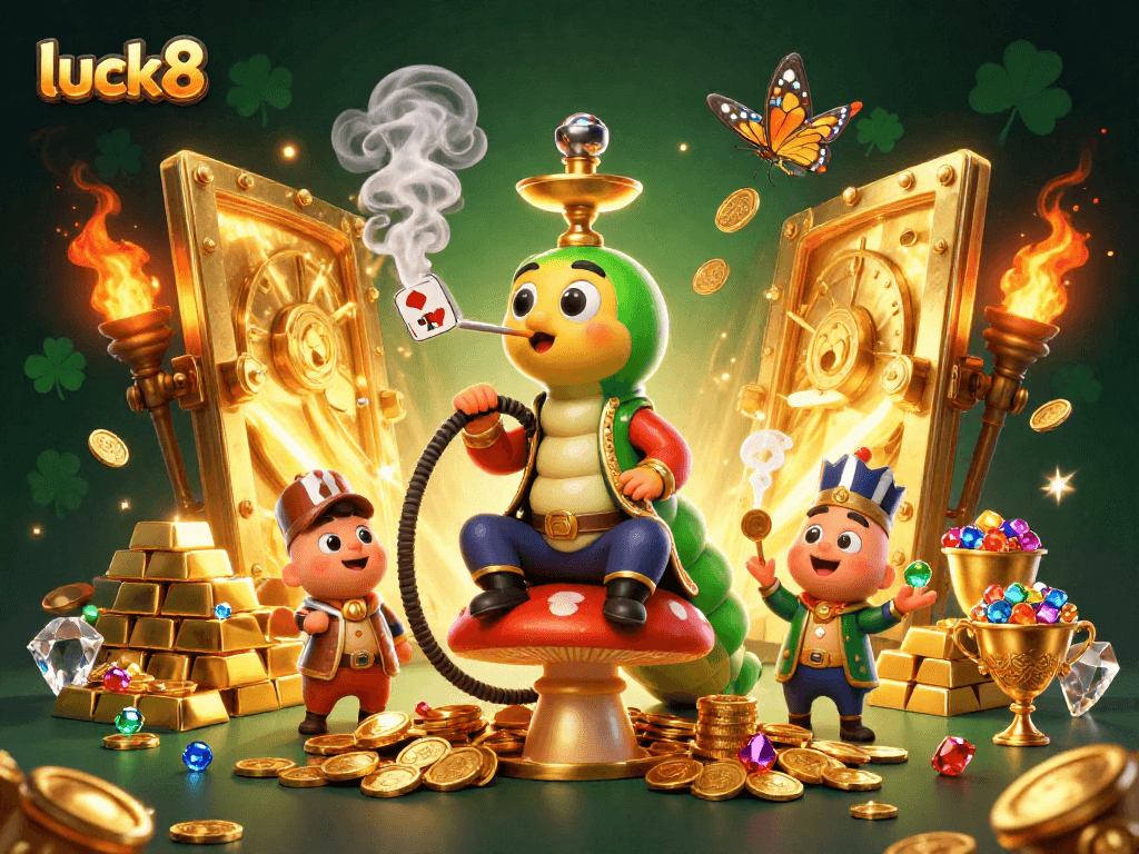Experience the magic of luck8 with vibrant poker symbols in a rich casino scene.