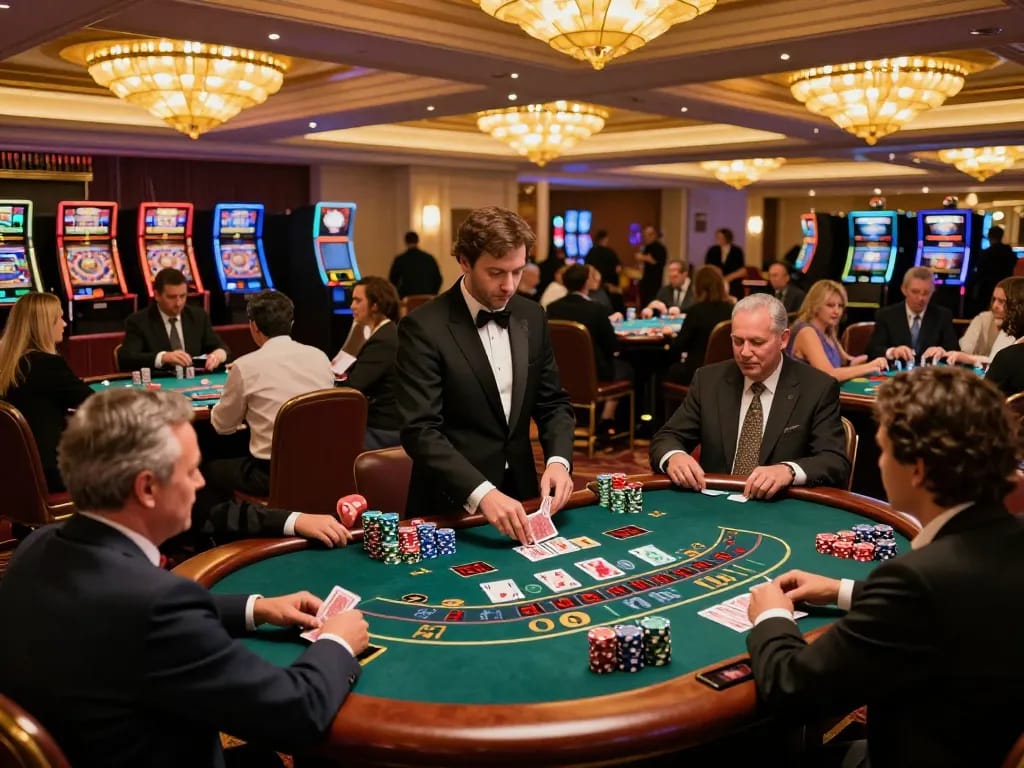 Players experiencing an exciting blackjack game at FLY88 casino with elegant decor and vibrant atmosphere