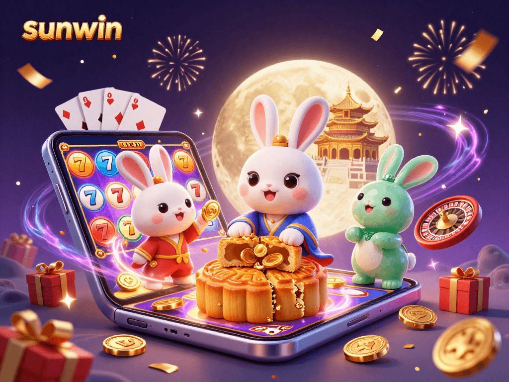 Win big with sunwin's captivating games showcased by a moon rabbit and treasures.