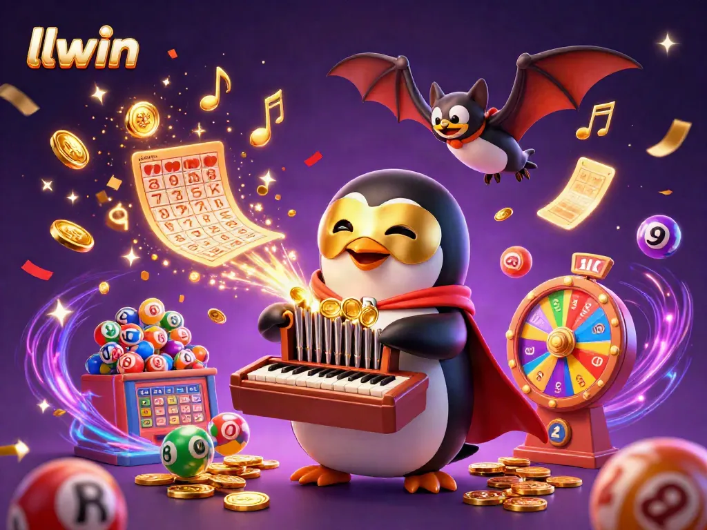 Engaging llwin casino scene with a penguin organist showering coins, lottery balls, and festive elements.