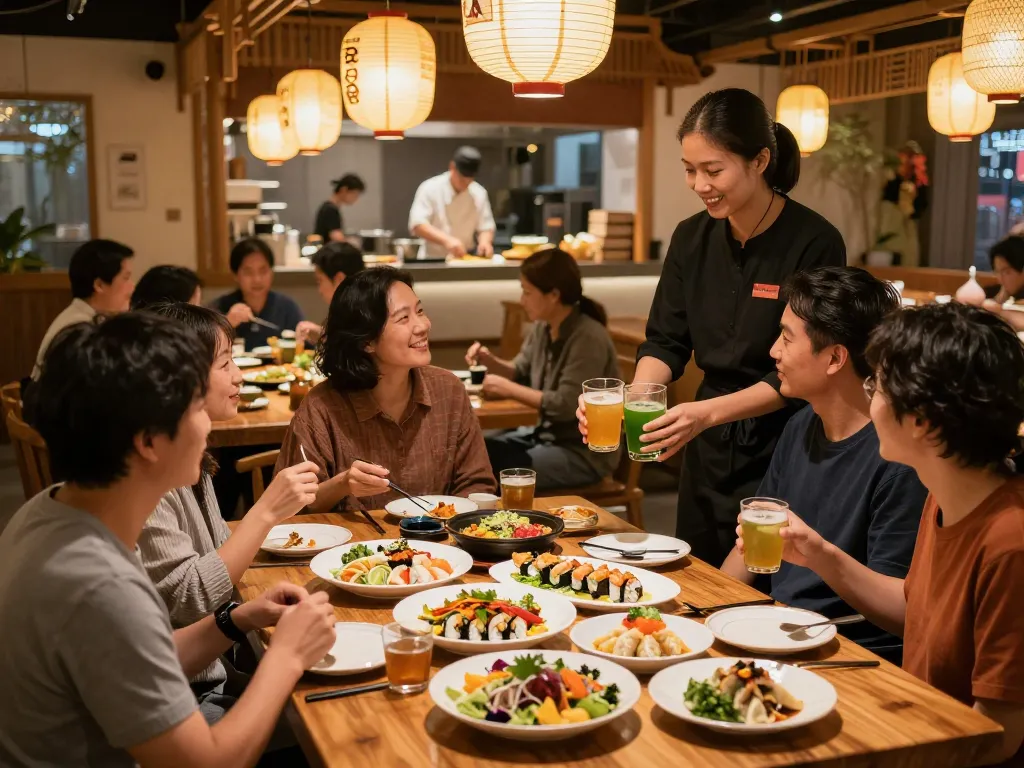 Dining experience at RED88, families enjoying Asian fusion dishes in a warm, inviting atmosphere.