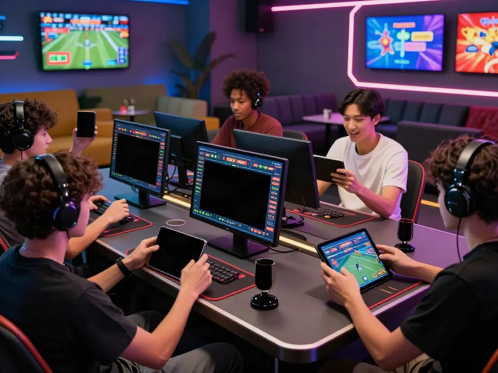 Players enjoying man88 online gaming with vibrant screens and modern tech.