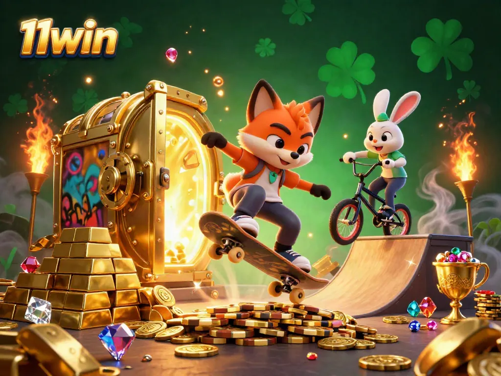 Experience excitement at 11win with a skateboarder fox and BMX rabbit in a casino-themed adventure.