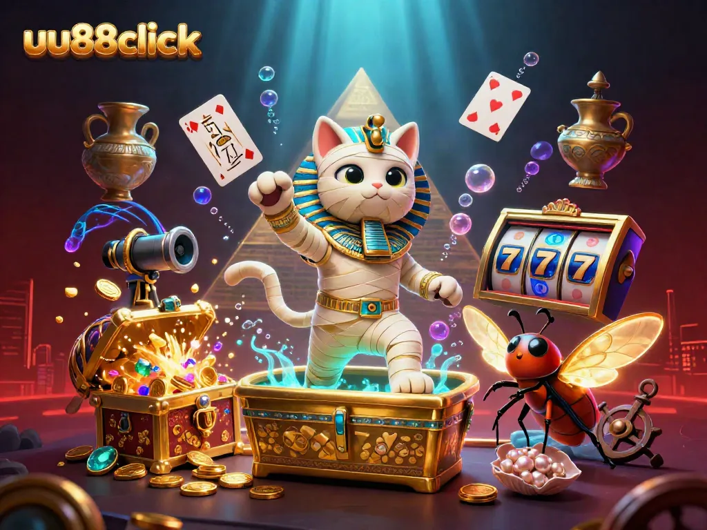 uu88click features a lively 3D casino scene with a mummy cat and gold treasures.