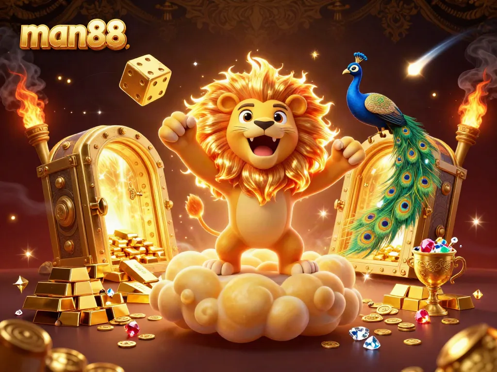 Experience the thrill of man88 casino with vibrant 3D characters and a dynamic treasure scene.